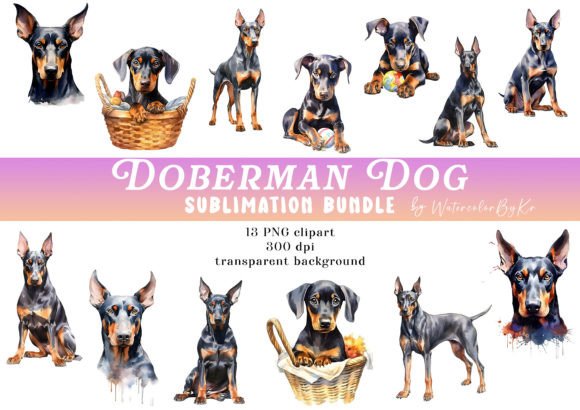 Download Watercolor Doberman Dog Bundle Clipart - Doberman Collection